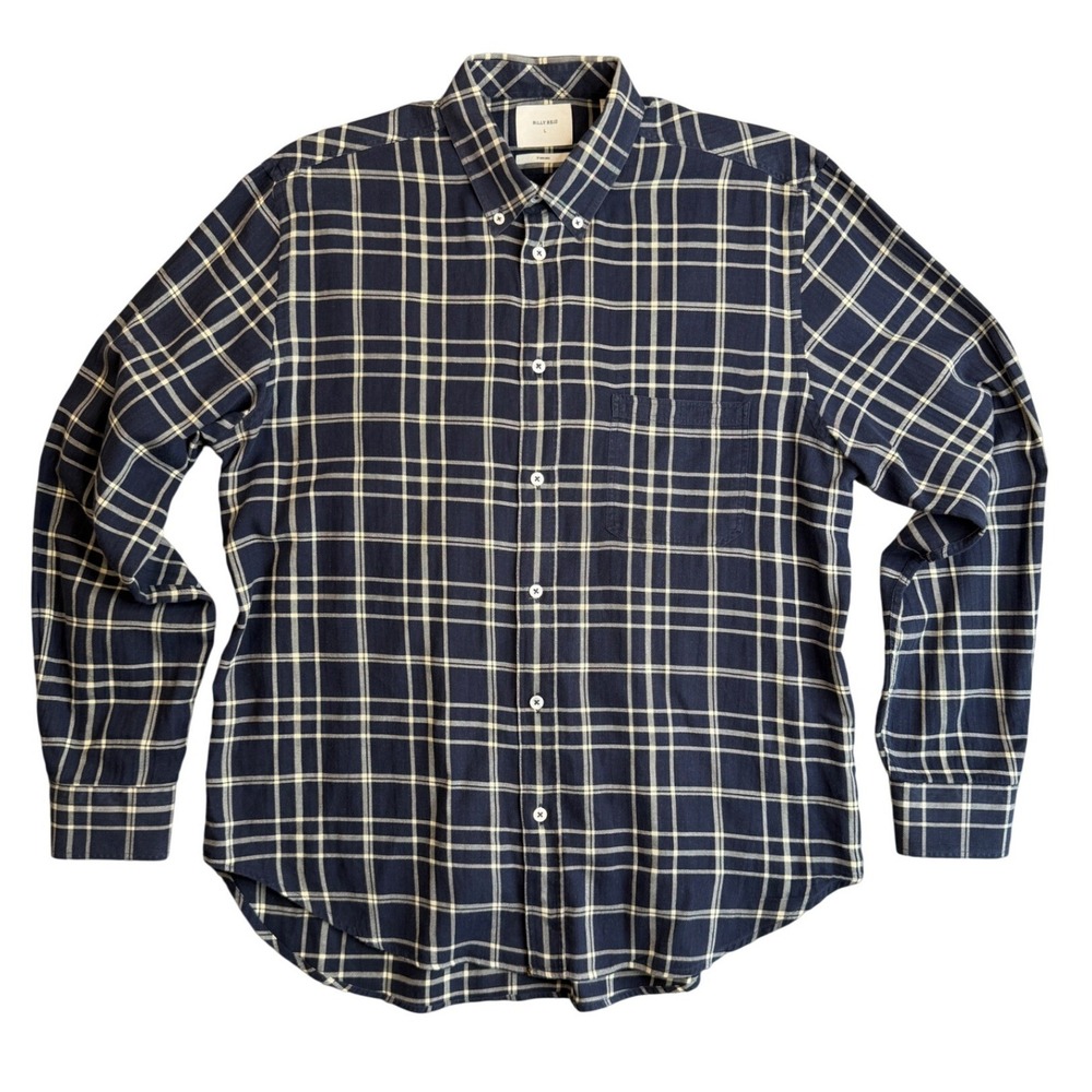 Billy Reid Standard Fit Button Down Shirt Mens L Navy Plaid Long Sleeve Cotton